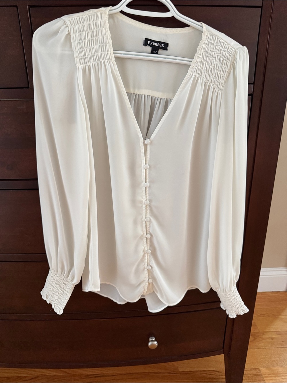 Express Cream Smocked Yoke Button-Front Blouse